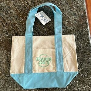Trader Joe’s Mini Canvas Tote Blue Green Stitching Pastel Limited Edition NWT